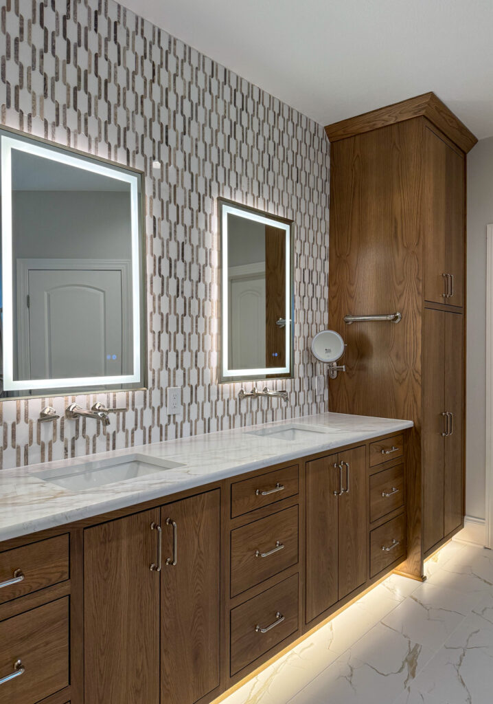 IMG_5880 Bathroom vanity remodel with dual lighted mirrors and mosaic tile wall - Marcus Sebastian Renovations